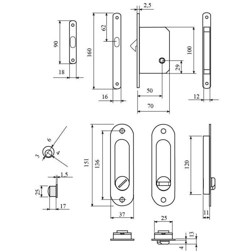 Комплект для розсувних дверей RDA (ручка SL-155 + замок RDA з відп планкою 4120) полірована латунь (24951)