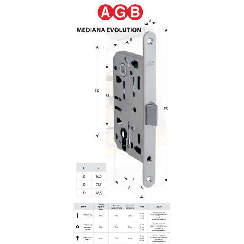 AGB B011035006 Механізм Mediana Evolution під циліндр для міжкімнатних дверей нікель 85мм (15838)