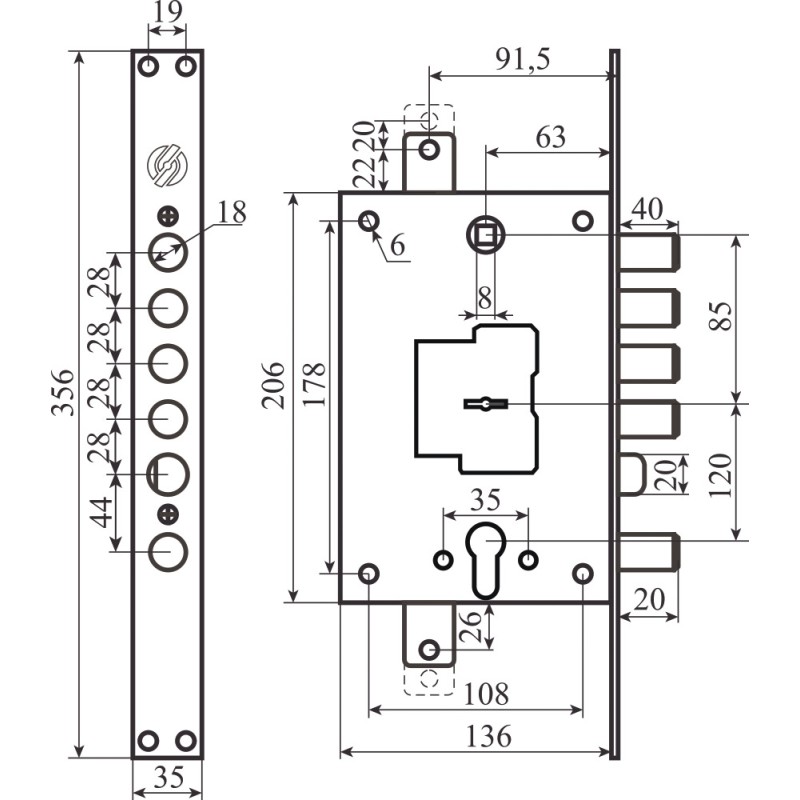 Замок Securemme 2533SCR0328CXX 4-ригеля з засувкою, лівий