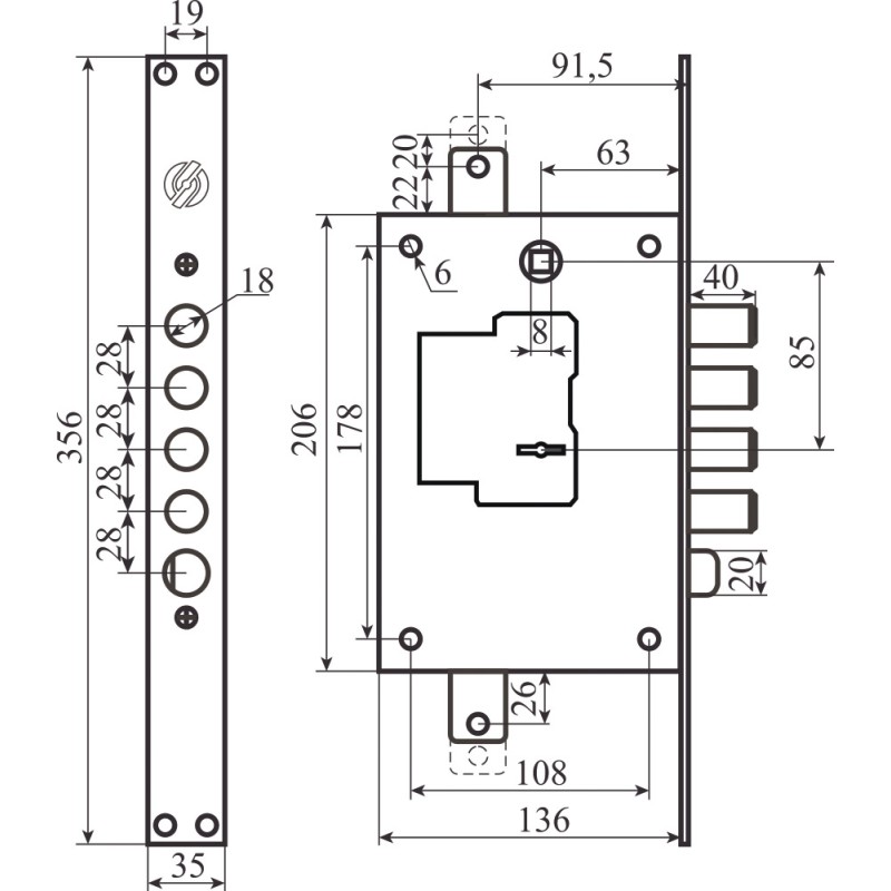 Замок Securemme 2503RCR0328S67 4-ригеля з засувкою під тяги, 5 + 1 ключ, правий