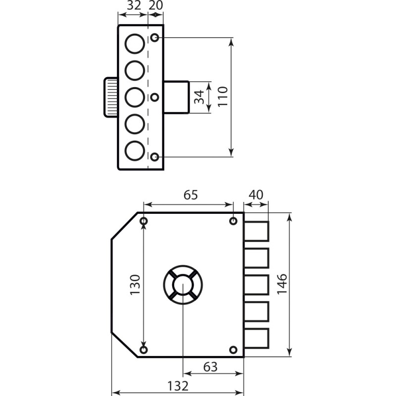Mottura Art. 30601VD50C5 замок накладний 5-ригелів з натискним циліндром, з ручкою зсередини (5208)
