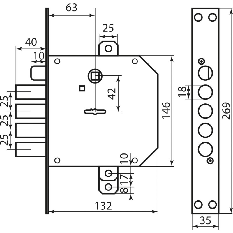 Замок для вхідних дверей 4-х ригеля Mottura 89723S5000 правобічний (29135)
