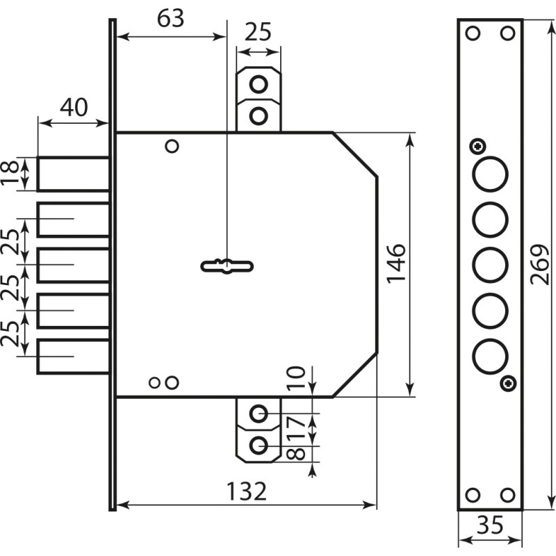 Замок 5-ригелів Mottura Art. 50798D5, 5 ключів, 60 mm, накладки, хром (49400)