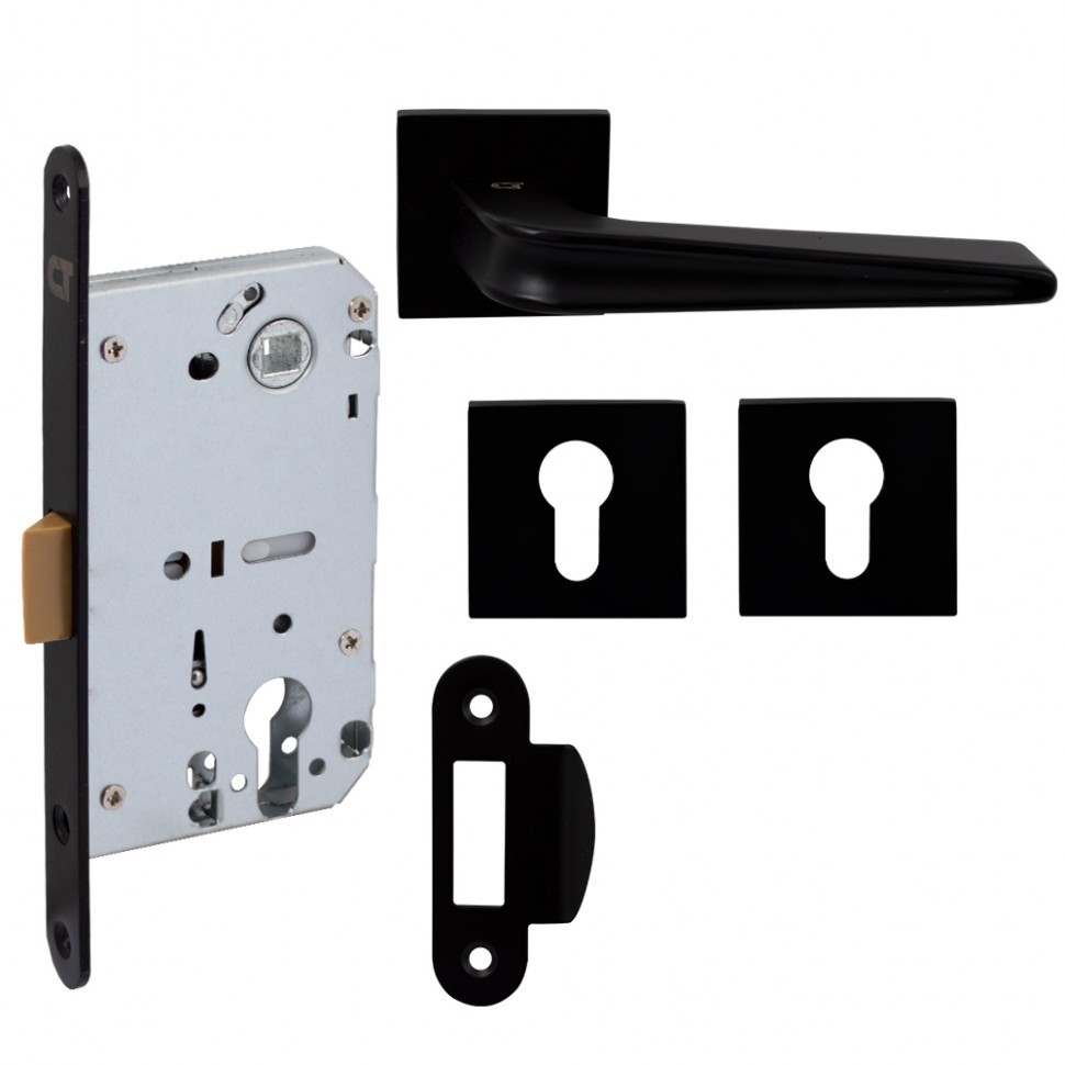 Комплект для межкомнатной двери в блистере Comit: Ручка на розетте Garda А + дверные накладки под ключ + механизм под цилиндр, черный