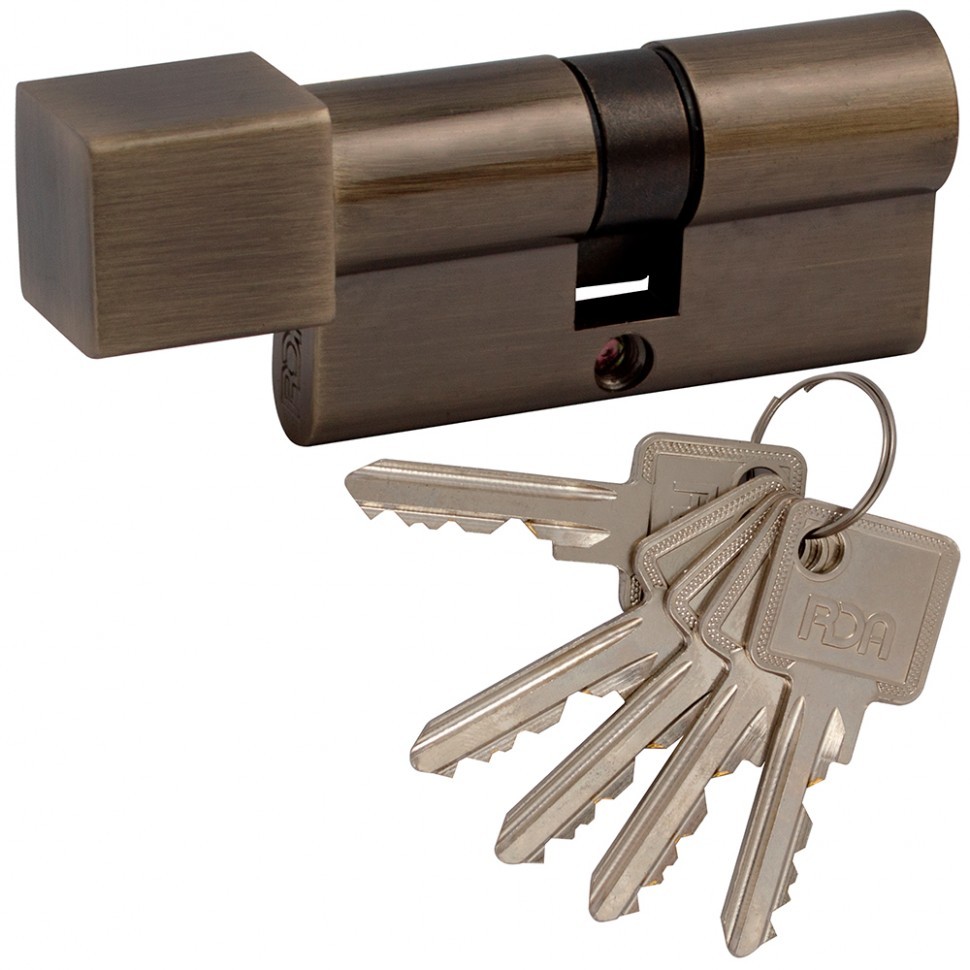 Цилиндр дверной RDA 30/30 мм, английский ключ/квадратный поворотник 60 мм, 5 ключей, античная латунь