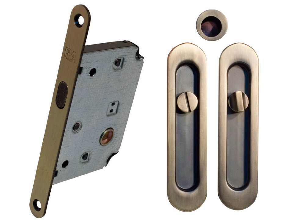 Комплект для раздвижных дверей RDA (ручка SL-155 + замок RDA с ответной планкой 4120) матовая античная латунь (24953)