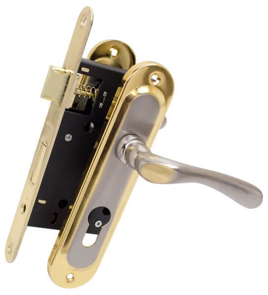 Комплект для входной двери Bruno (ручка на планке 55910К6+замок 968-45 без цилиндра) мат никель /золото (36760)